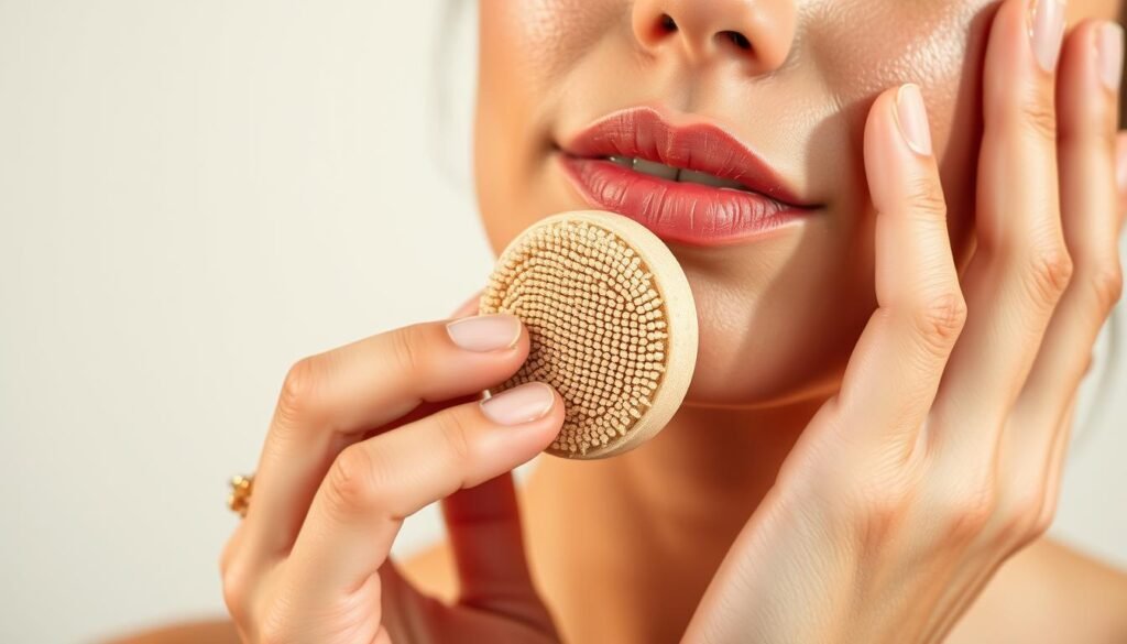 a woman holding a brush to improve skin texture of her face