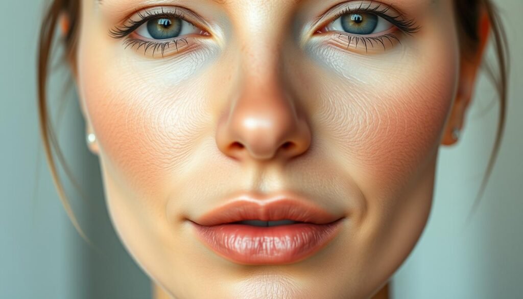 a close up of a woman's improve skin texture of the face