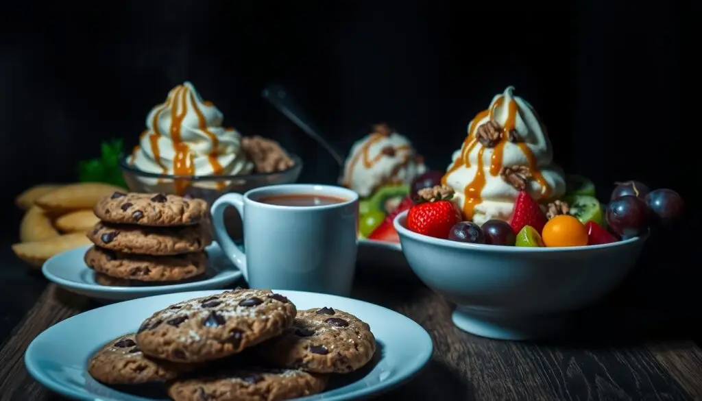 a plate of desserts and a cup of coffee for midnight hungers
