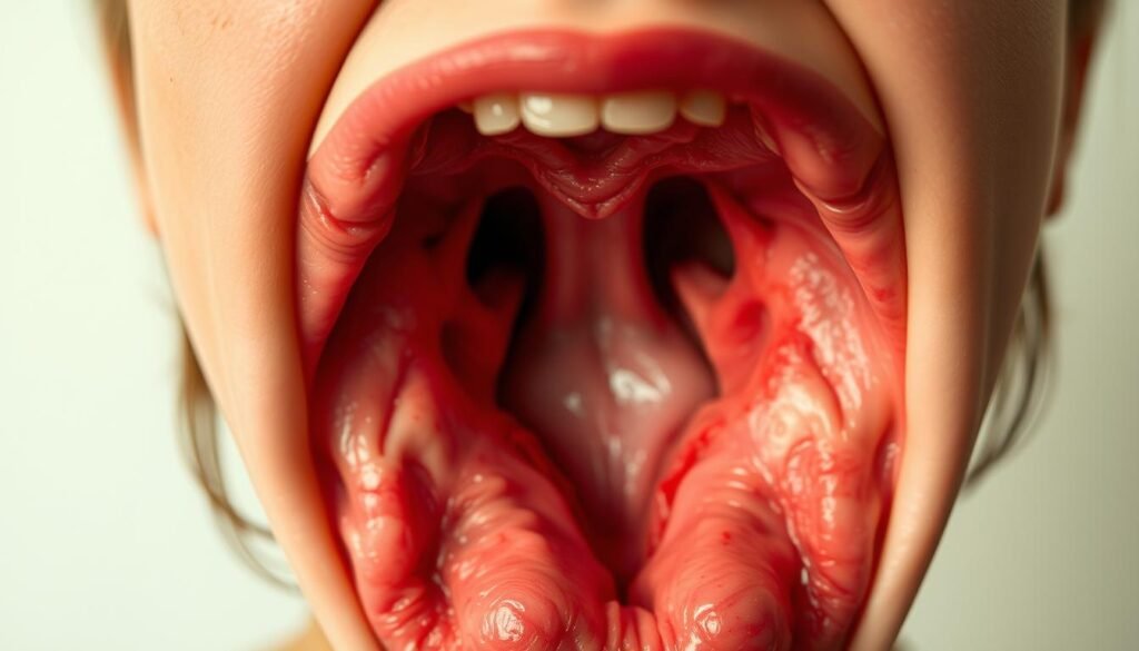 a close up of a viral tonsillitis in a mouth