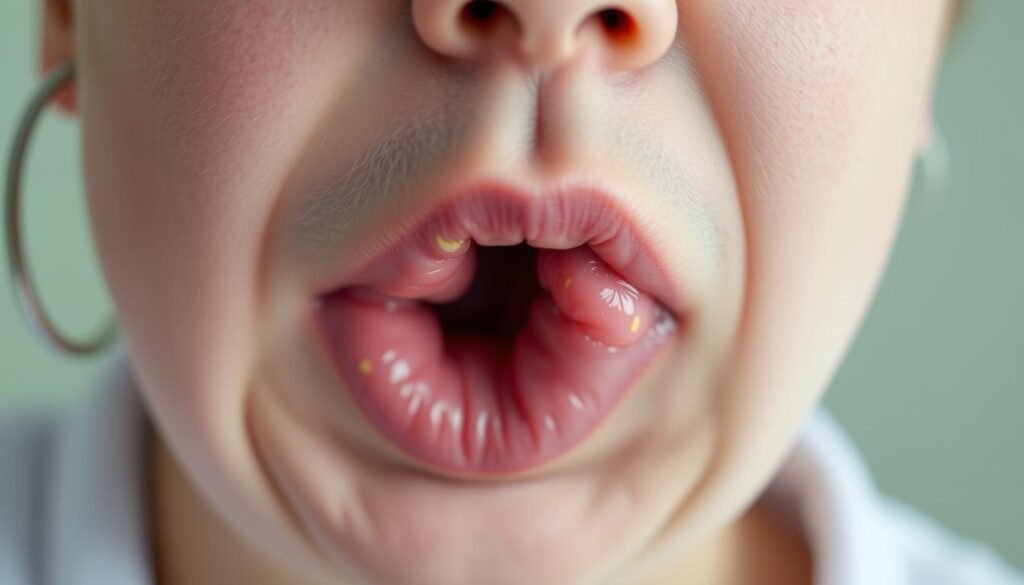 close up of a child's mouth with viral tonsillitis complications