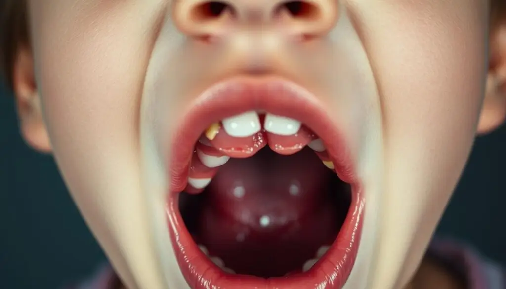 close up of a viral tonsillitis person's mouth with teeth and gums