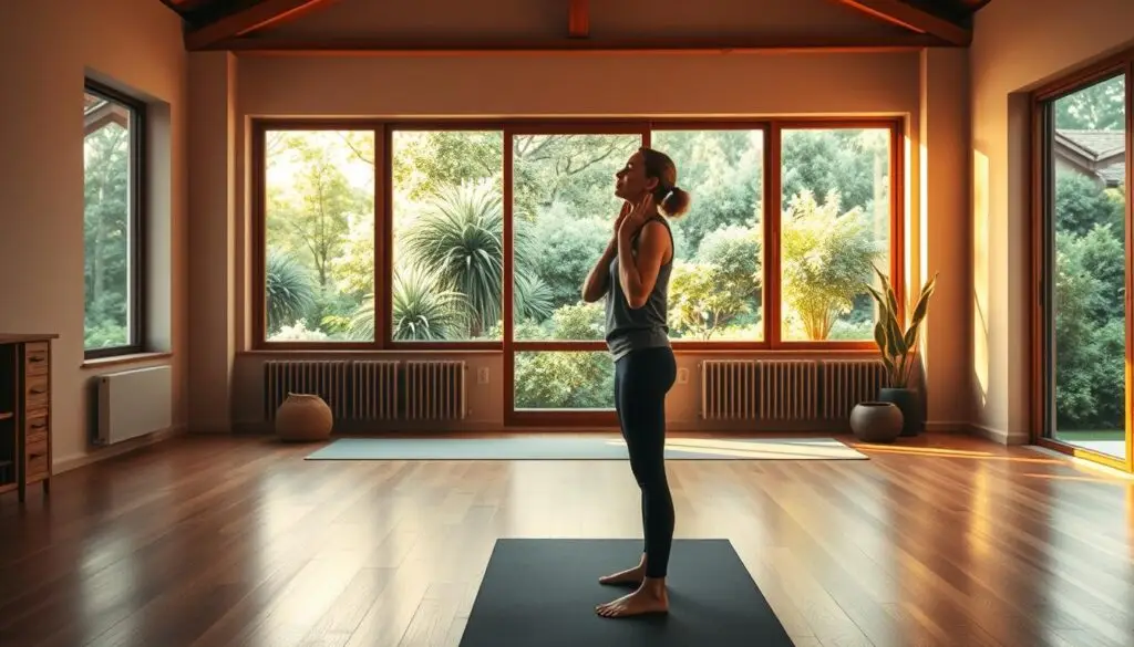 a woman standing on a mat in front of a window doing Super Brain Yoga exercises