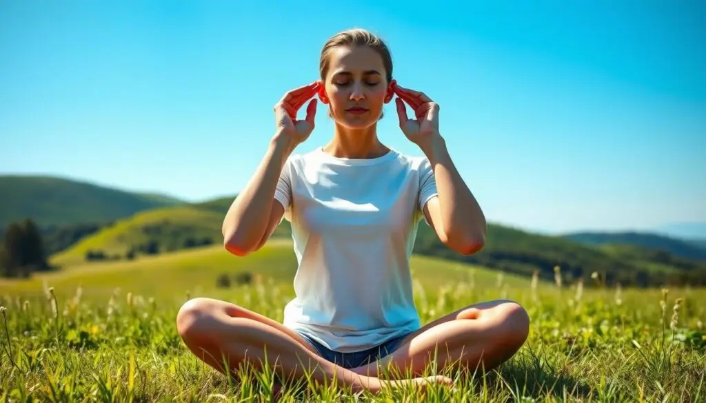 a woman sitting in a field with her hands over her ears doing super brain yoga