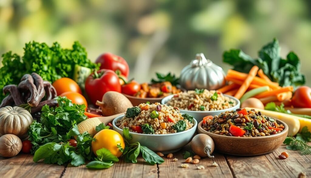 a group of bowls with plant-based meals 