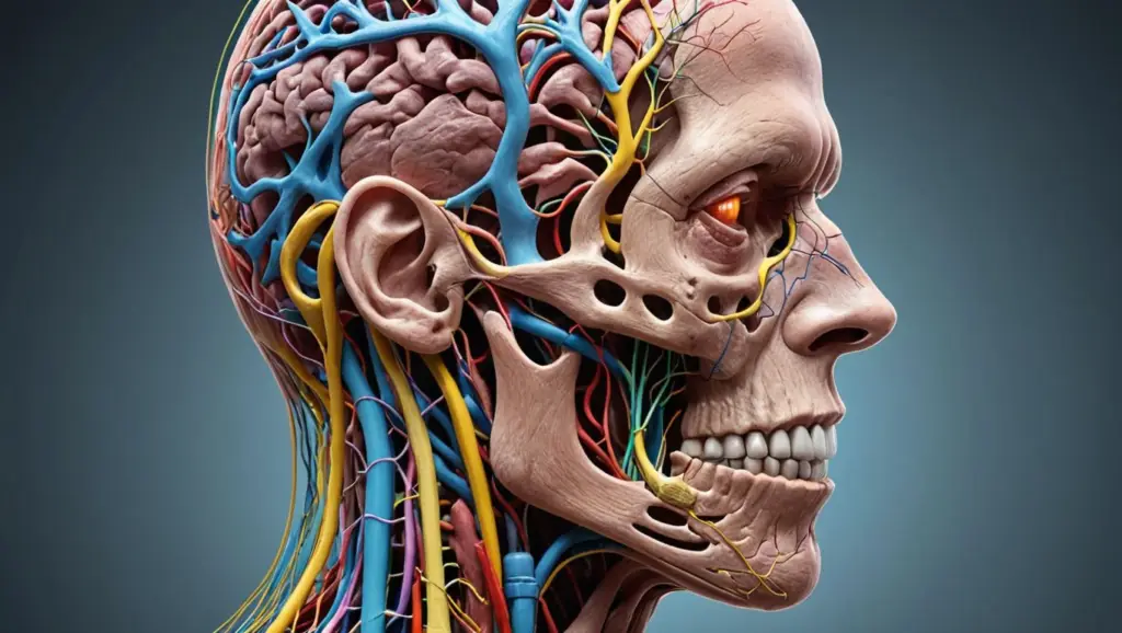 Neuralgia trigeminal: A detailed visualization of the trigeminal nerve in the human head, emphasizing the nine risky causes.