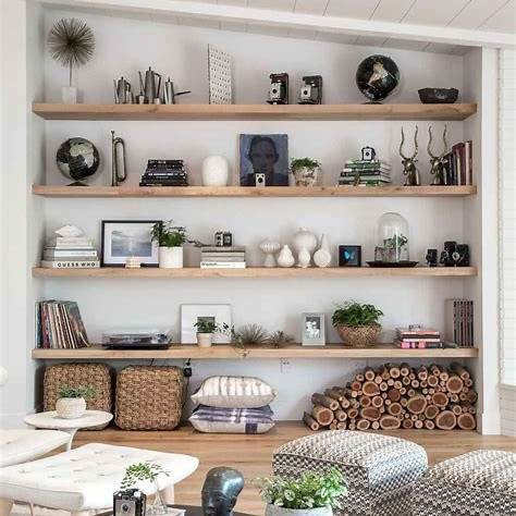 Clever storage hacks for tiny living rooms, showcasing floating shelves, hidden storage, and smart furniture.