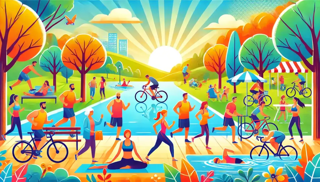 "Ultimate fitness for all ages: People practicing yoga, jogging, cycling, and swimming in a lively outdoor environment."
