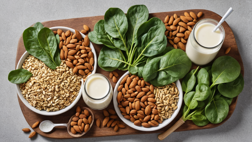 A visually engaging plate filled with nutrient-rich foods, like leafy greens, nuts, seeds, and dairy products, arranged in a way that resembles a bone structure." Alt Text: "A plate of nutritious foods—spinach, almonds, sesame seeds, and milk—arranged artistically to represent the shape of a bone, emphasizing a bone-healthy diet."