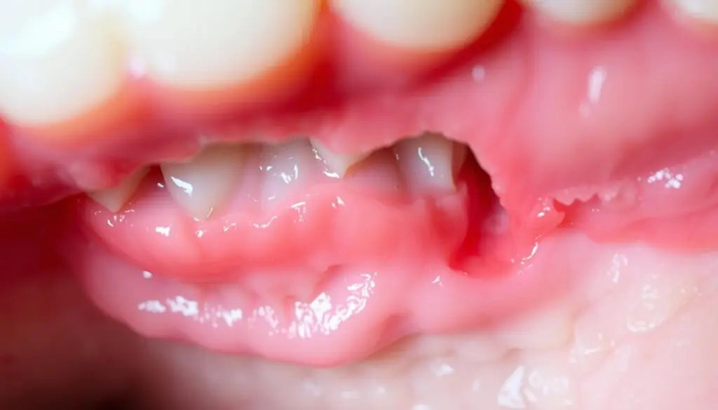 A close-up view of receding gums, revealing the exposed roots of teeth. The gums appear red, inflamed, and pulled back, exposing sensitive areas. The lighting is soft and natural, casting gentle shadows that highlight the texture and contours of the gums. The image is in sharp focus, with a shallow depth of field that draws the viewer's attention to the affected area. The overall mood is one of concern and the need for medical attention, conveying the importance of understanding and addressing gum recession.