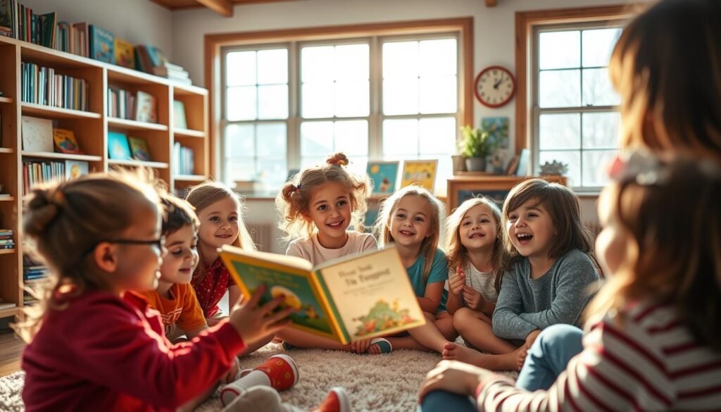 A cozy, well-lit classroom with large windows, wooden shelves filled with colorful children's books. In the foreground, a group of young kids, ages 5-8, seated on a plush rug, their eyes filled with wonder as a teacher or storyteller animatedly reads from a storybook, hands gesturing expressively. The children's faces reflect a range of emotions - laughter, curiosity, empathy - as they engage with the narrative. Warm lighting filters in, casting a soft glow on the scene. The atmosphere is inviting and nurturing, fostering an environment where emotional literacy can blossom through the power of storytelling.