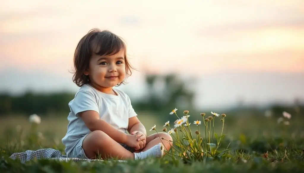 A serene and nurturing scene of a young child's emotional development. In the foreground, a child sits cross-legged, their face radiating a sense of calm and contentment. Soft, warm lighting gently illuminates their features, evoking a feeling of safety and comfort. In the middle ground, delicate flowers and lush greenery symbolize the blossoming of the child's emotional capacities. The background is a tranquil, natural setting, with a soothing, pastel-hued sky that instills a sense of peace and wonder. The overall composition conveys the profound benefits of nurturing a child's emotional growth, fostering their resilience, self-awareness, and ability to connect with the world around them.