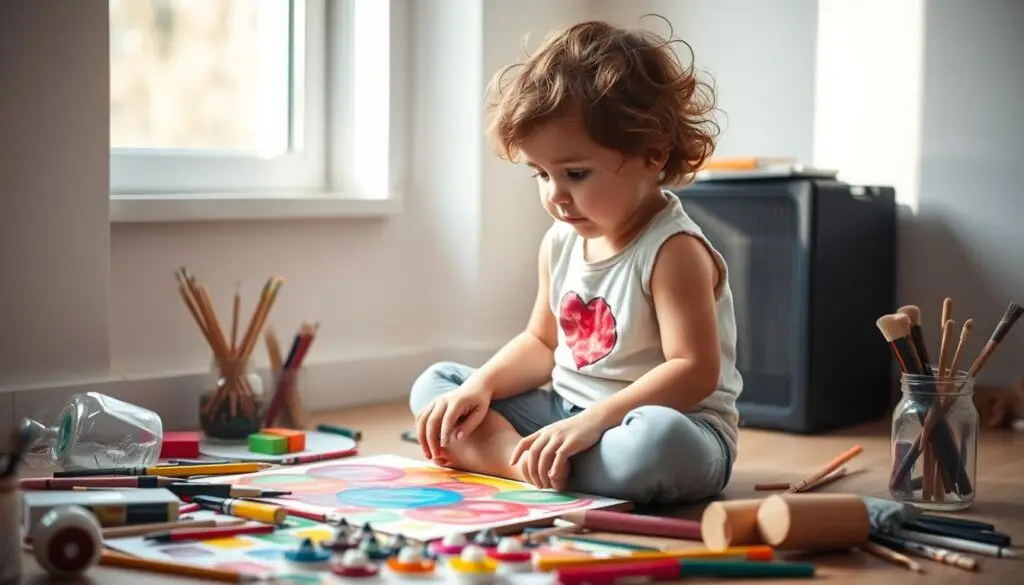 A young child, full of emotional awareness, sits cross-legged on the floor, surrounded by a vibrant array of art supplies. Their face is expressive, eyes filled with contemplation, as they pour their heart into a colorful painting. Soft, natural lighting filters through a nearby window, casting a warm glow and evoking a sense of introspection. The child's posture is relaxed, their movements deliberate, as they explore the boundless potential of their inner world through the medium of artistic expression. The background is a serene, minimalist space, allowing the child's creative process to take center stage, a testament to the power of unlocking emotional awareness through the arts.