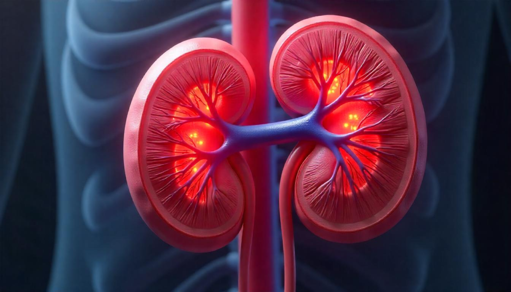 Kidney Failure: illustration of a human kidney. It showcases the internal anatomy, including renal arteries, veins, and the ureter, providing a clear visual representation of kidney structure.