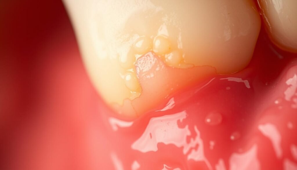 Close-up macro photograph of receding gums, showing early signs of gum disease. The image should be in soft, warm lighting, with a shallow depth of field to focus attention on the gum tissue. Capture the subtle discoloration, inflammation, and minimal recession around the base of the teeth. Depict the texture of the gum, with a slight sheen to convey moisture. The background should be blurred, with muted earthy tones to emphasize the dental subject. The frame should tightly focus on a single tooth and surrounding gum, to provide a clear visual for understanding the early stages of gum recession.