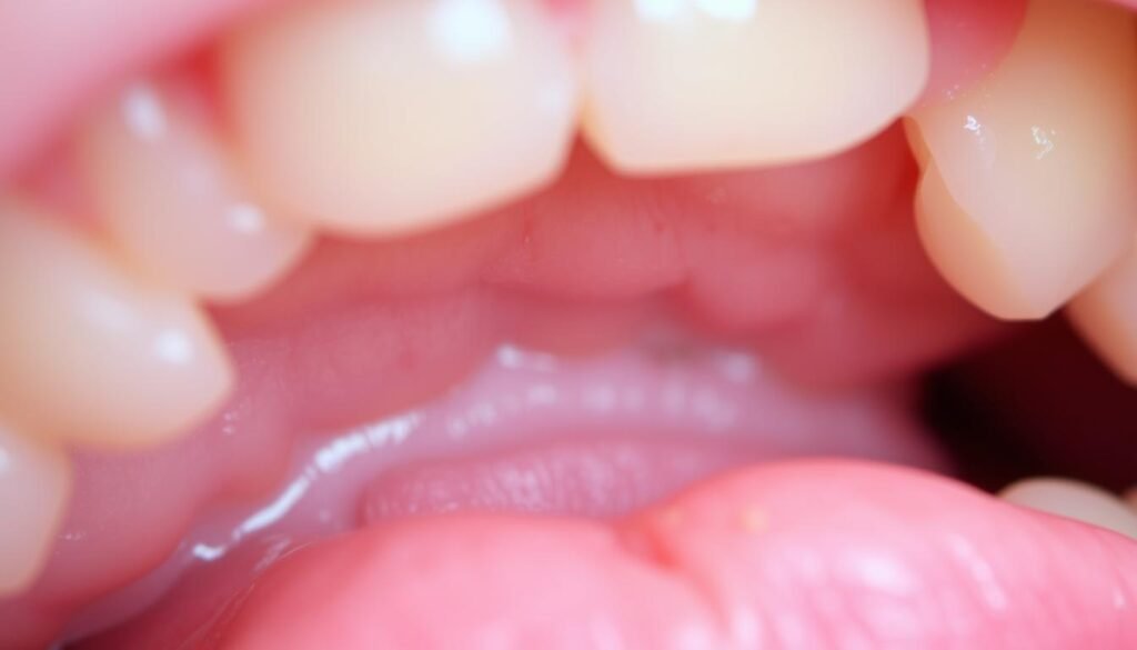 Close-up shot of an exposed gum line, showing early signs of gum recession. The gum appears slightly swollen and inflamed, with a noticeable gap between the teeth and the gumline. The teeth appear slightly discolored, indicating a lack of healthy gum coverage. The image is captured with a macro lens, providing a detailed and high-resolution view of the affected area. The lighting is soft and diffused, creating a clinical and informative atmosphere, highlighting the subtle yet concerning condition. The focus is sharp, drawing the viewer's attention to the gum recession and its early manifestation.
