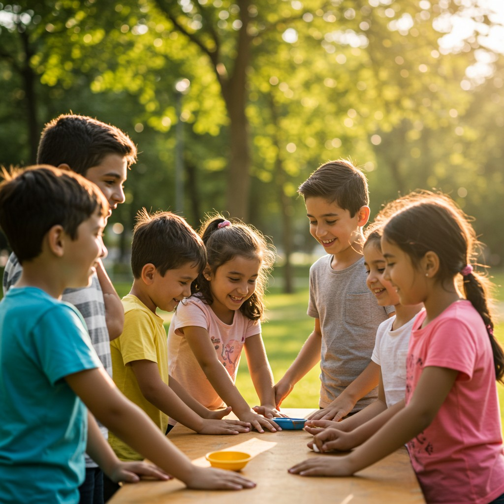 Emotional strength in kids—children building emotional empathy through group activities in a park.