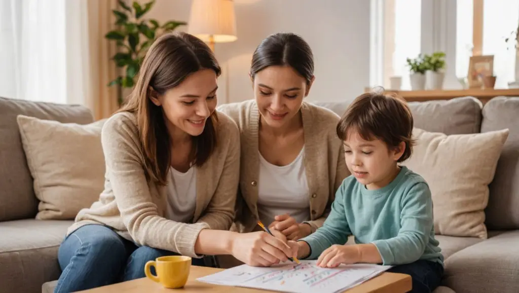 a woman and a boy looking at a paper