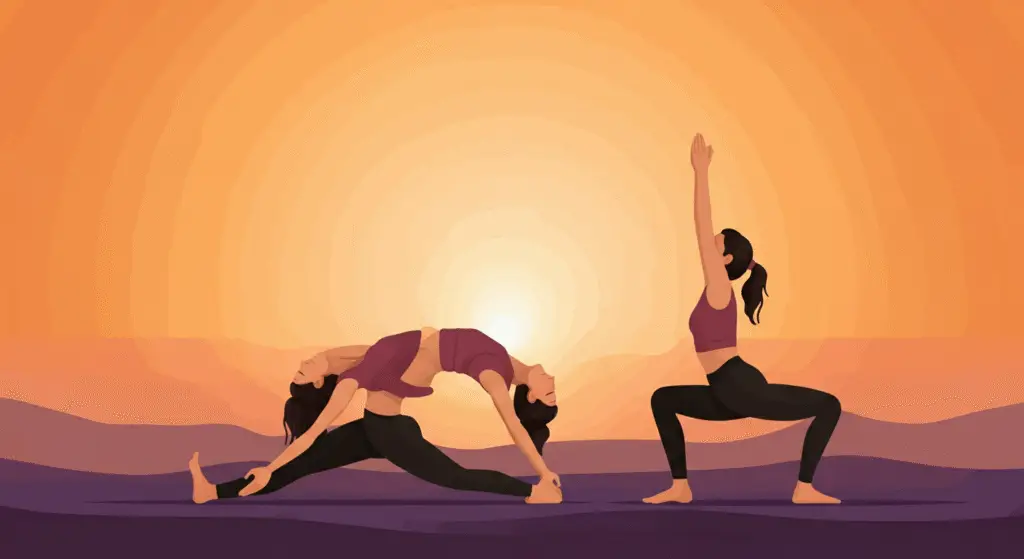Surya Namaskar sequence illustrated with sunrise and radiant energy lines symbolizing vitality and breath flow